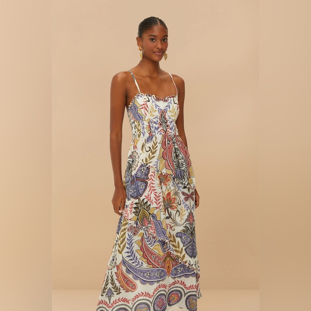 Farm Rio Off-White Boho Glam Loopy Trim Maxi Dress